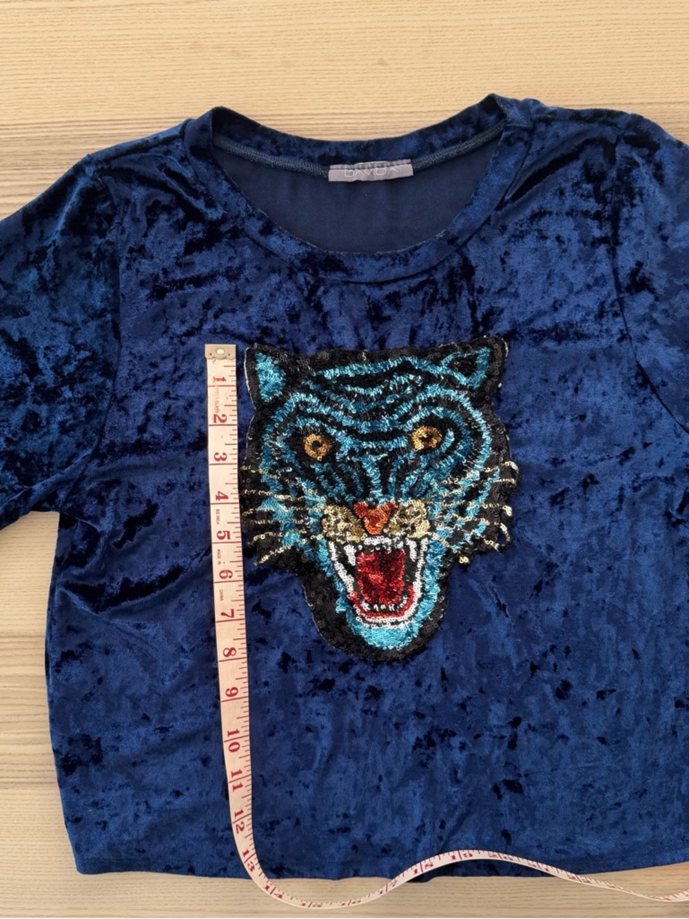 Crushed Velvet Royal Blue Short -Sleeve Tee with Sequin Tiger Appliqué
